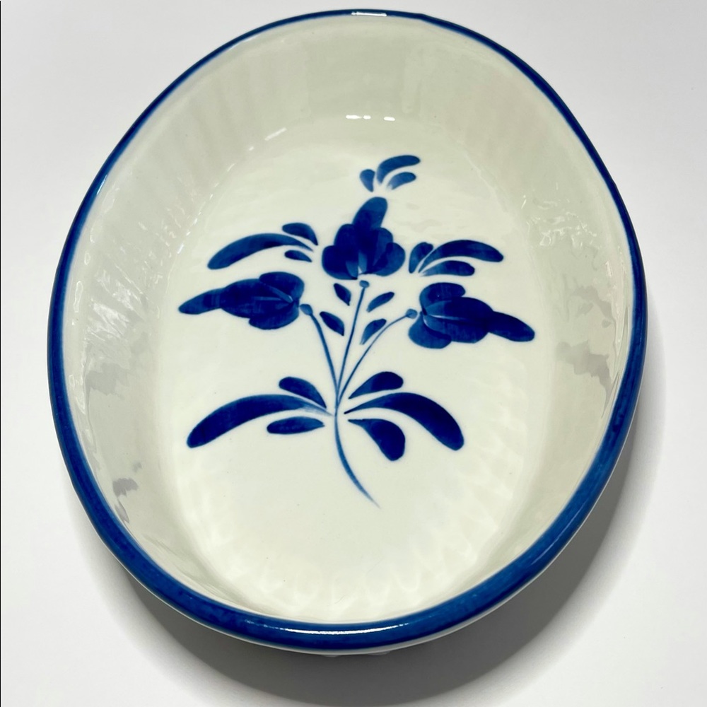 Vintage Viana do Castelo Stoneware Baking Dish White with Blue Floral Art